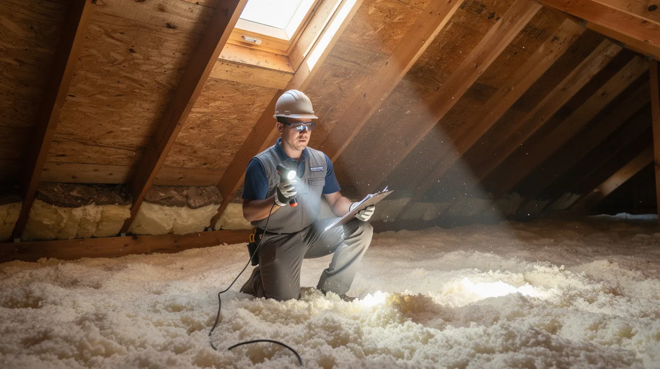The image shows a professional roof inspector examining attic roof decking and insulation, looking for signs of damage or wear, such as missing shingles or moisture issues. This thorough roof inspection is essential for northeast Ohio homeowners to prevent costly repairs and ensure the roof's lifespan is maximized, especially before spring storms.
