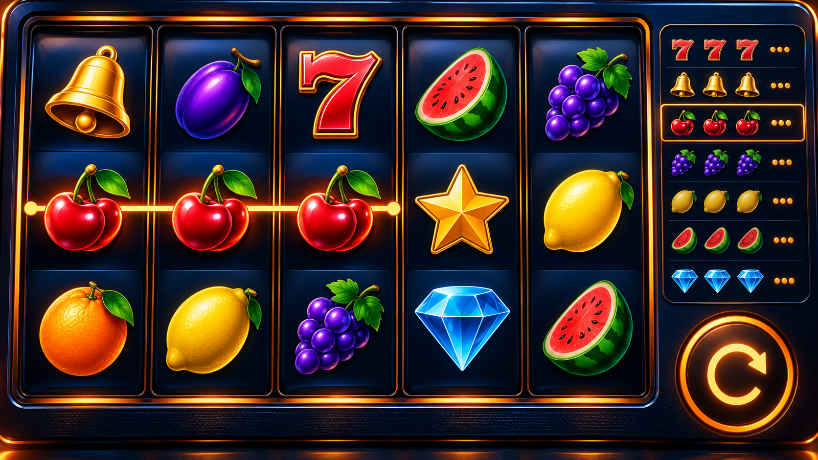 Online gokkast met klassieke symbolen zoals kersen, bellen, zevens en fruit op de rollen.
