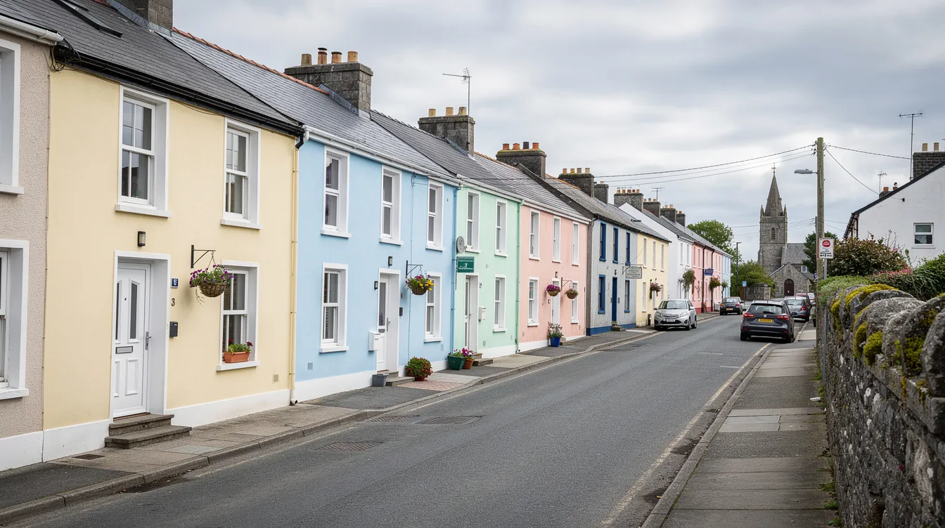 The image shows a vibrant row of terraced houses in an Irish town, each painted in different bright colors, reflecting the charm of the local residential property market. The scene captures the essence of community living in Ireland, amidst the backdrop of the country's evolving economy and property developments.