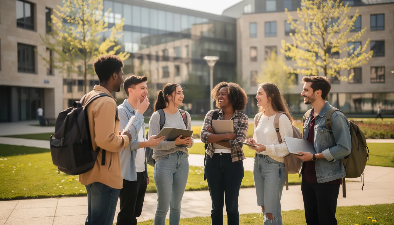 Un groupe d'étudiants internationaux discute sur le campus d'une université européenne, échangeant des idées sur leurs études et leur expérience d'enseignement supérieur en Hongrie. La scène reflète la diversité culturelle et les opportunités offertes par les programmes académiques dans le domaine des sciences sociales et de l'ingénierie.