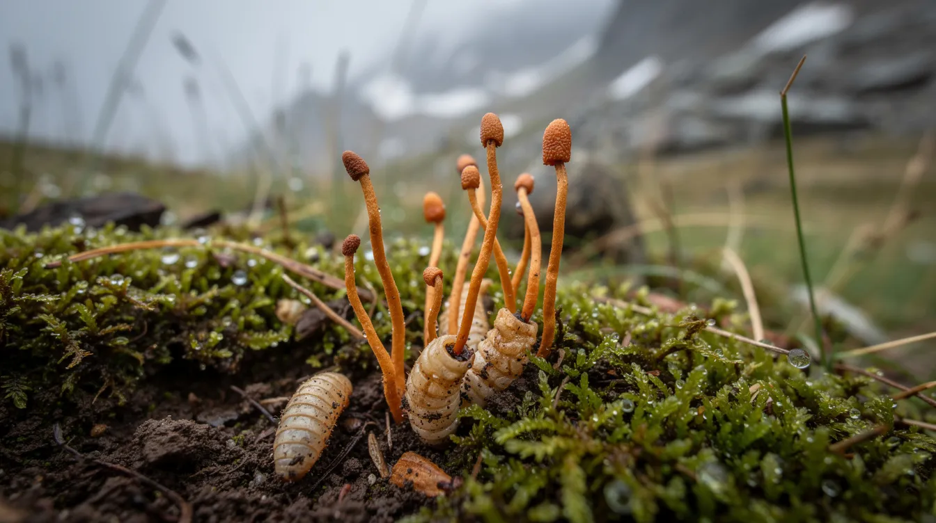 A close-up image shows wild cordyceps mushrooms, specifically the entomopathogenic medicinal fungus, sprouting from insect larvae on a lush, mossy ground in a high-altitude Himalayan meadow. These cordyceps, known for their potential health benefits and traditional use in herbal medicine, highlight the unique relationship between fungi and their insect hosts.