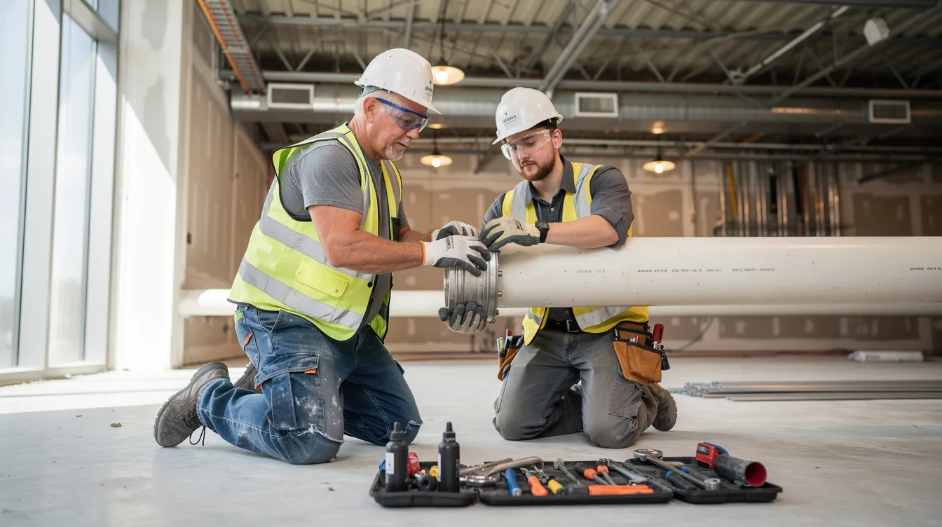 An experienced plumber and a younger apprentice are collaborating on the installation of large-diameter pipes inside a commercial building, showcasing the hands-on training essential for the plumbing trade. This scene highlights the importance of on-the-job training and the apprenticeship program in developing skills necessary for maintaining plumbing systems in the construction industry.