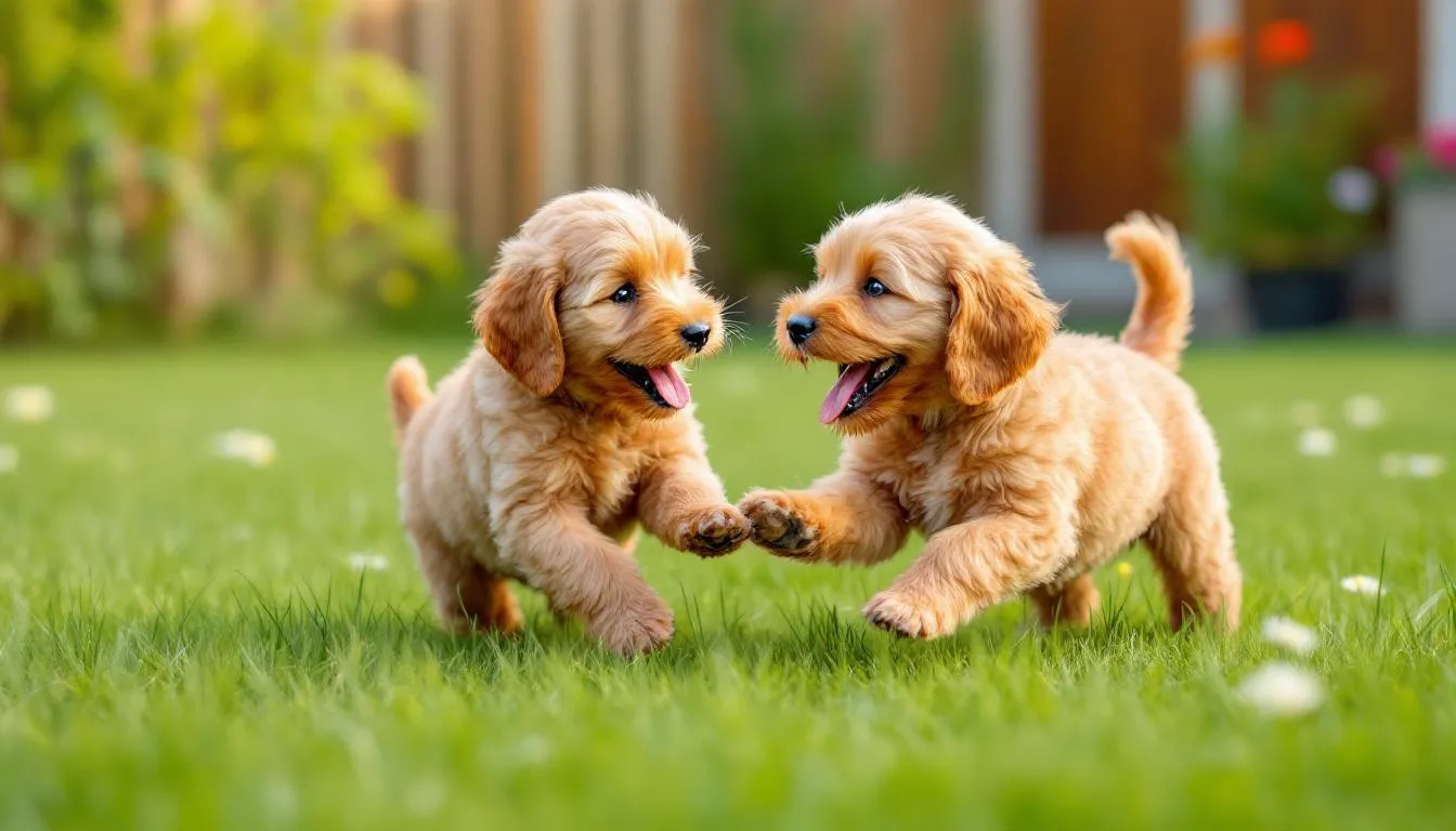 In a sunny grassy yard, a group of playful mini goldendoodle puppies are joyfully interacting with one another, showcasing their affectionate nature and adorable personalities. Their curly, hypoallergenic coats glisten in the sunlight as they tumble and chase, embodying the playful spirit of these miniature goldendoodles.