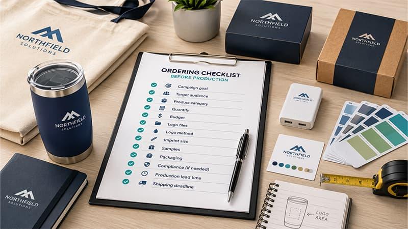 Ordering checklist before promotional product production with campaign goal, audience, budget, logo files, samples, packaging, and shipping deadline.