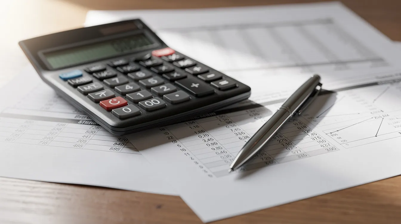 The image features a calculator placed on top of various financial documents, including a pen lying beside them. This setup suggests an environment focused on financial planning, possibly related to loan applications or calculations for "免 tu 貸款" options.