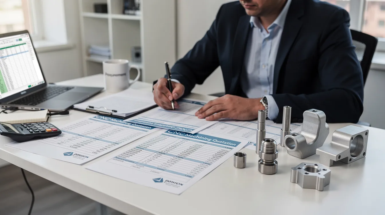 A procurement manager is intently reviewing a detailed CNC machining quotation document at a desk, with various machined sample parts made from stainless steel and aluminum alloys nearby. This scene highlights the importance of precision CNC machining and quality control processes in selecting the right CNC parts supplier for complex projects.