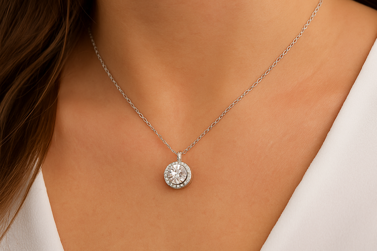 balto aukso pakabukas su deimantais Halo dizaino ant kaklo