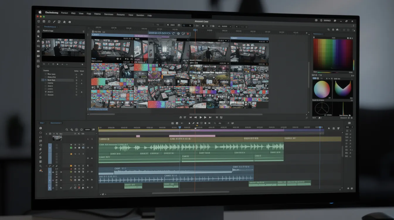 The image shows a professional video editing timeline with multiple camera angles displayed, highlighting the intricate process of editing podcasts and video podcasts. This digital audio workstation interface emphasizes the importance of quality audio and visual production for creating engaging podcast episodes.