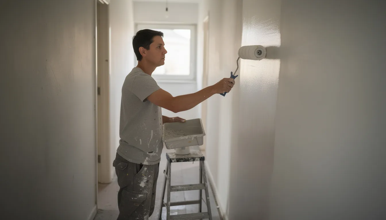 Hal verven in 2 kleuren: ideeën, stappenplan en kleurcombinaties Een persoon is bezig met het zorgvuldig verven van een muur in een smalle hal met een verfroller, waarbij hij een donkere kleur aanbrengt. De hal krijgt een make-over met twee kleuren, wat zorgt voor een frisse en nieuwe uitstraling van de ruimte.