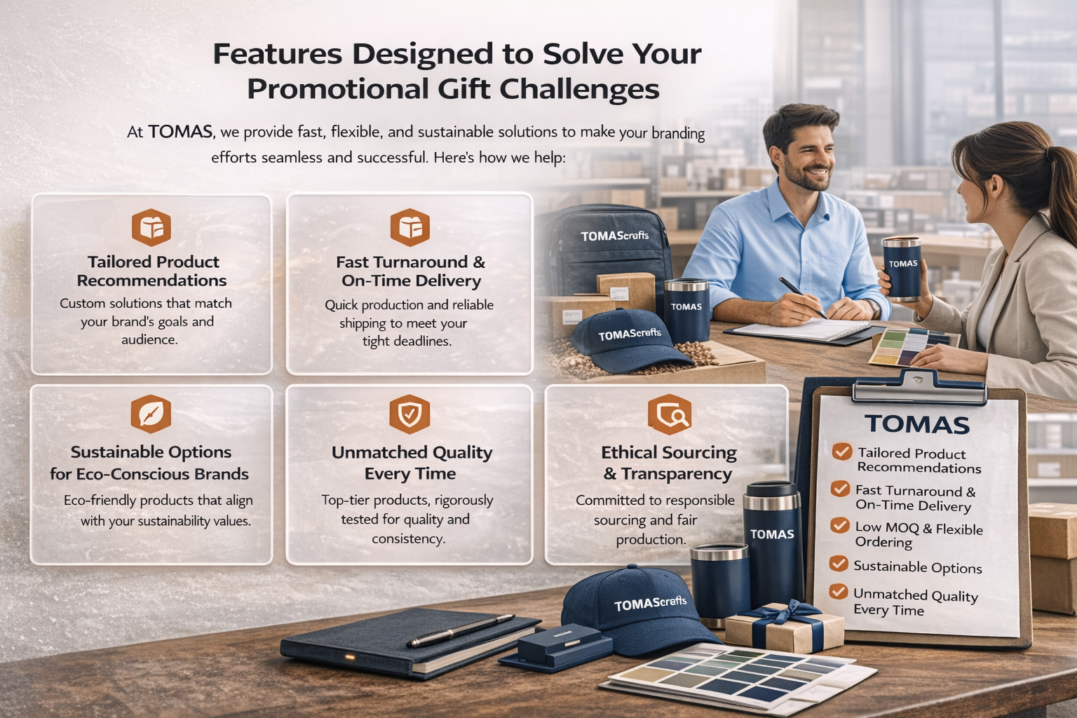 Supplier features graphic: low MOQ, fast delivery, sustainable options, quality and sourcing