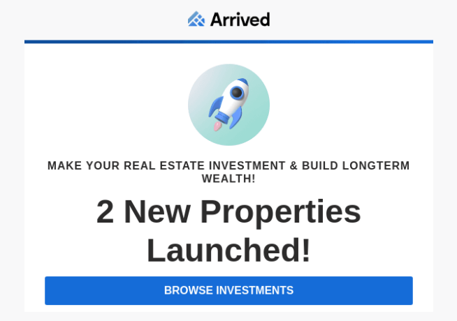 An image of a rocketship taking off. Below, it reads 2 new properties launched!