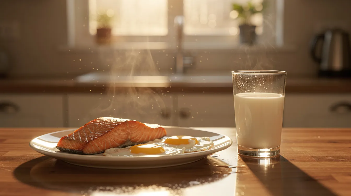 The image depicts morning sunlight gently filtering through a kitchen window, illuminating a counter adorned with salmon, eggs, and a glass of milk, which are all rich in essential nutrients like vitamin D and calcium that promote heart health. This serene setting suggests a focus on a balanced diet, which can be beneficial for overall health and well-being.