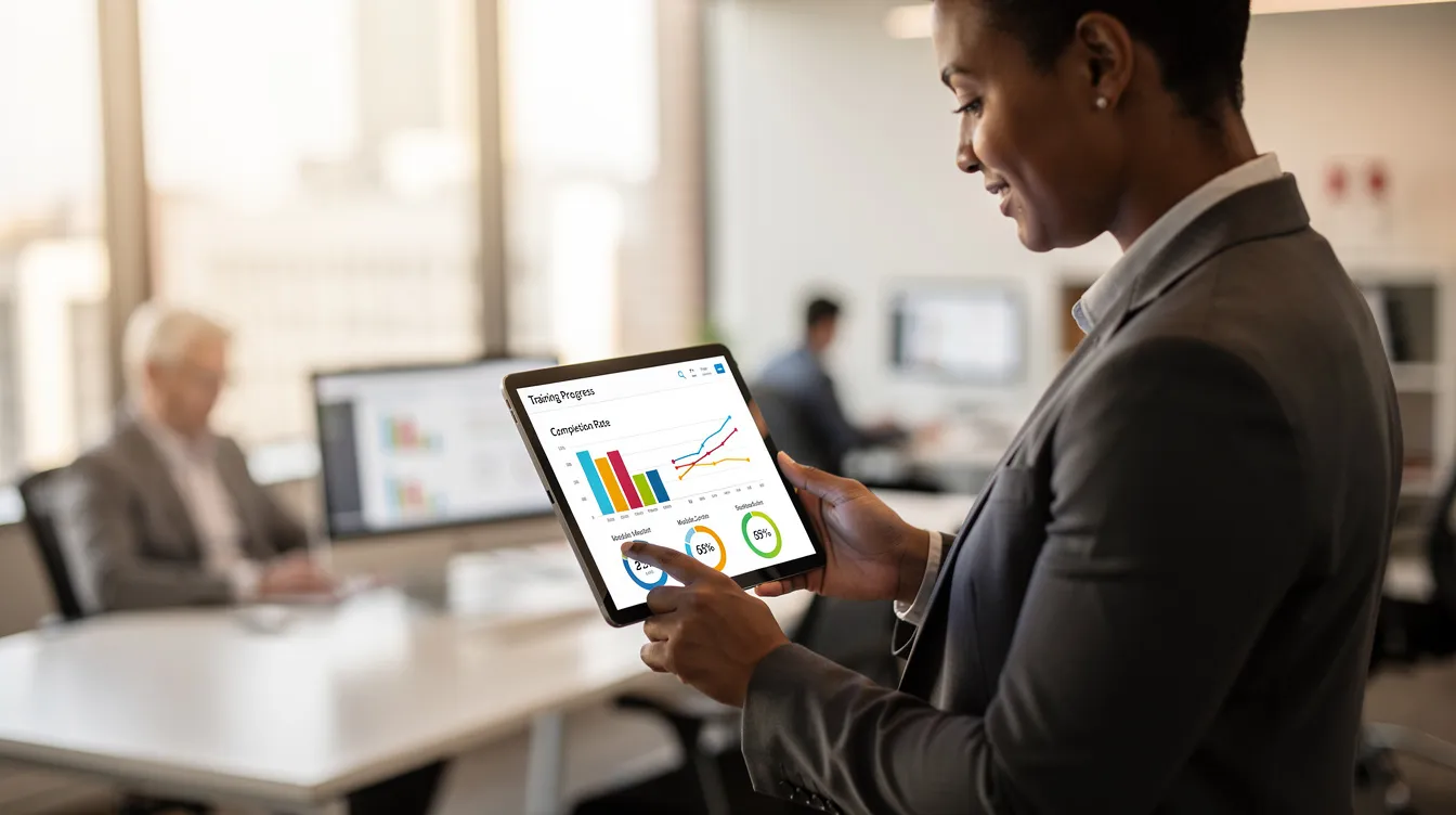 A professional using an apprenticeship management platform on a tablet device to review apprentice training progress data and ensure up-to-date compliance.
