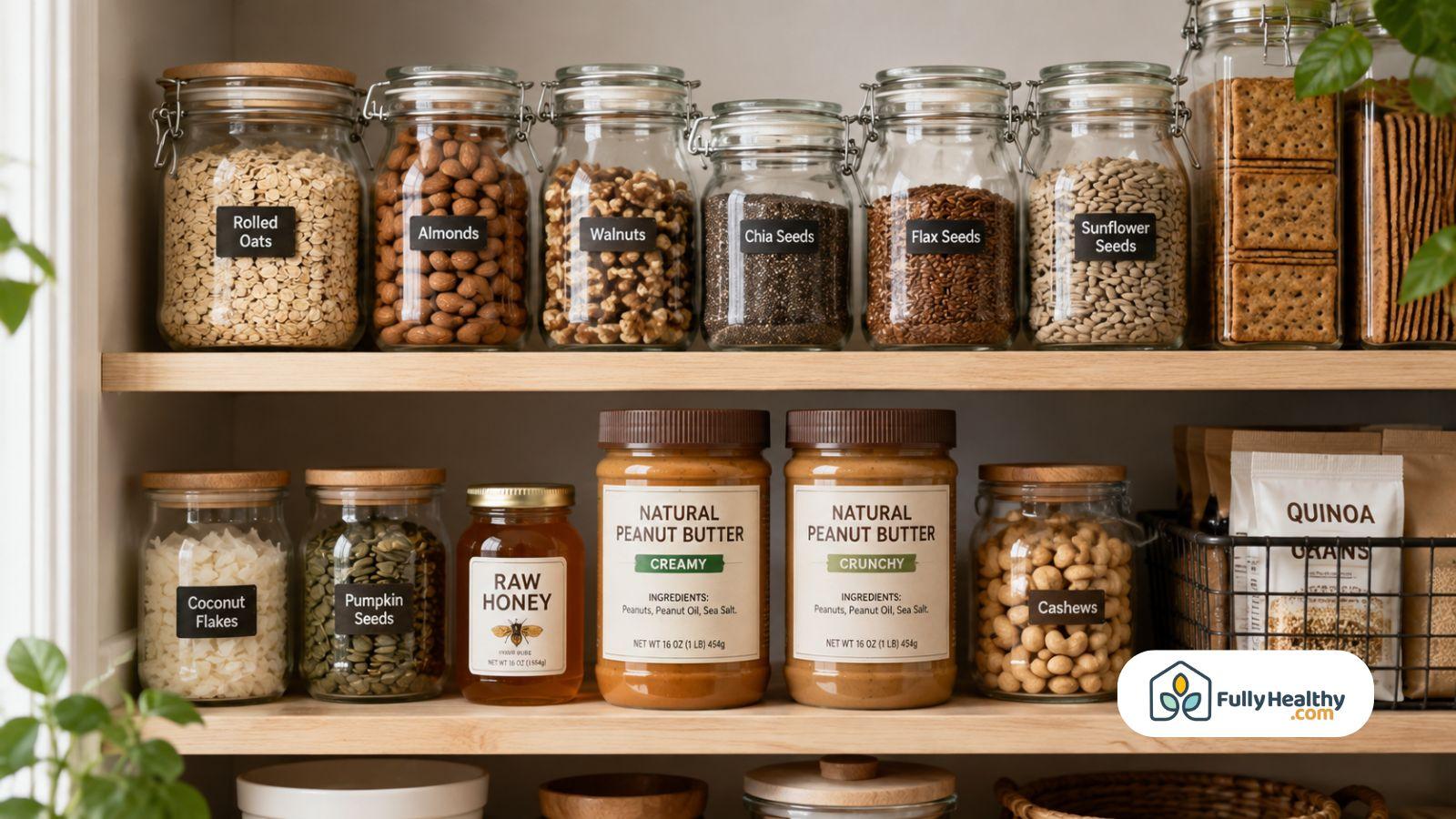 Organized pantry with natural peanut butter jars healthy pantry staples and whole grains