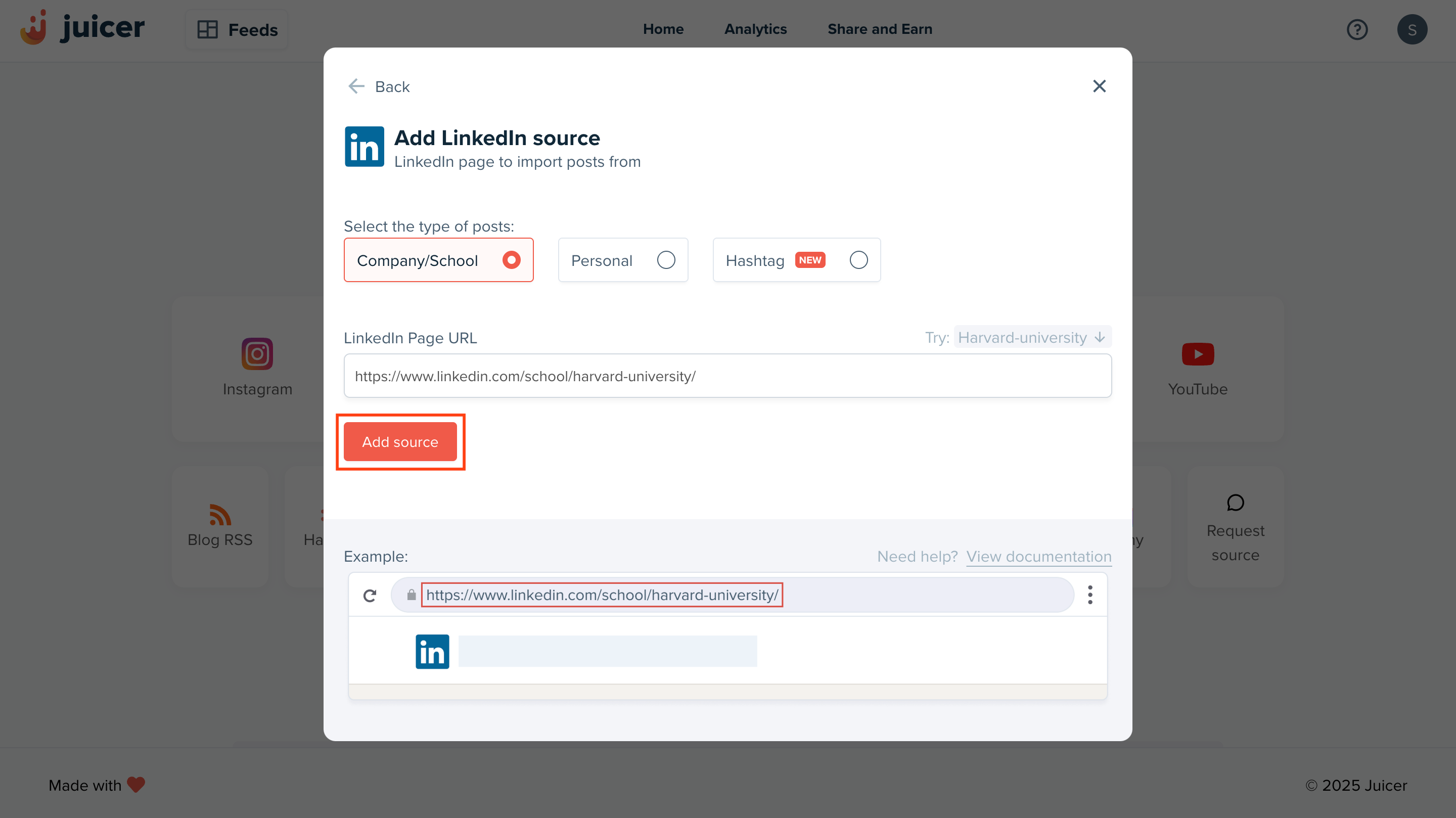 Step 3 of embedding a LinkedIn feed on website using Juicer.io