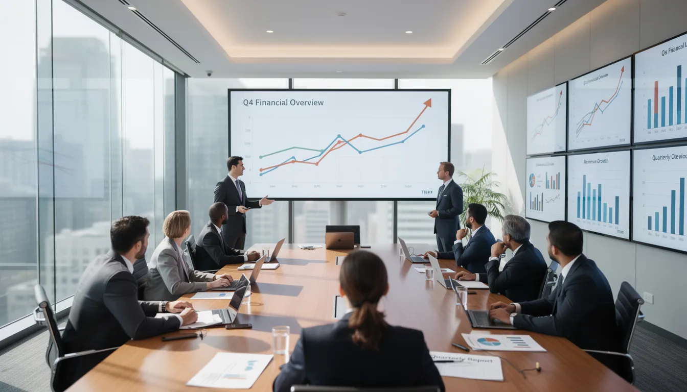 The image depicts a modern boardroom where a business meeting is taking place, with financial charts displayed on large screens. Participants are discussing topics related to retirement income and various pension plans, emphasizing the importance of defined benefit pension plans and registered retirement savings plans (RRSP) for future financial security.