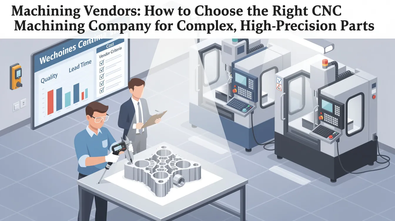The image illustrates a selection of CNC machining companies, showcasing various precision machining services for complex, high-precision parts. It highlights the importance of choosing the right machining vendor for applications in industries such as medical device manufacturing and aerospace components, emphasizing factors like tight tolerances and advanced capabilities.