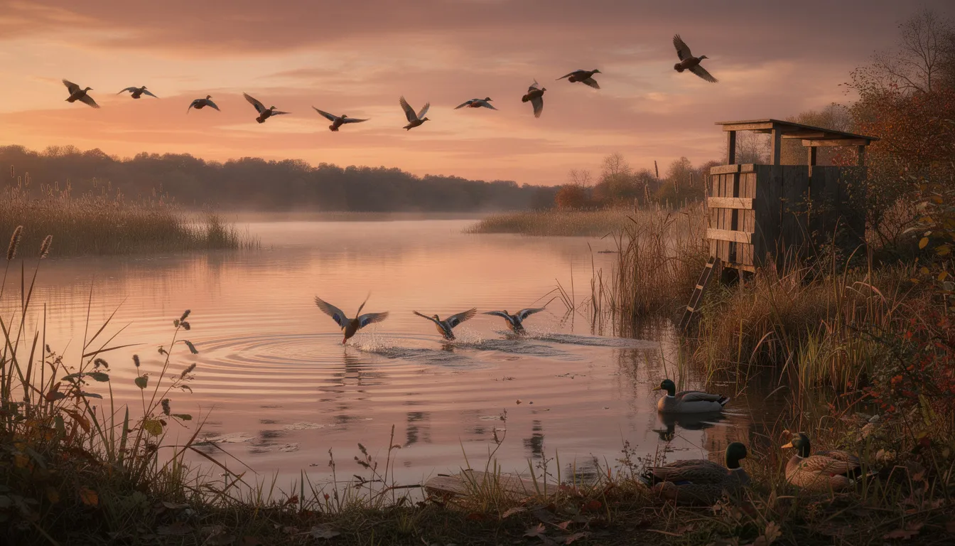 En rustik utomhusscen med jägare som observerar andfåglar som flyger över en spegelblanka damm vid solnedgången. Den natursköna miljön skapar en lugn och harmonisk atmosfär, perfekt för jakt och avkoppling.