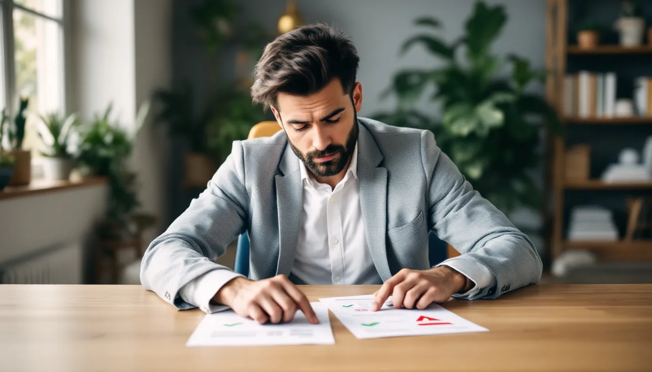 A small business owner is thoughtfully weighing two different financial paths, considering options such as checking accounts and money market accounts from financial institutions like Cross River Bank. The decision involves evaluating key features like minimum balance requirements, monthly service fees, and competitive interest rates to determine the best fit for their business needs.