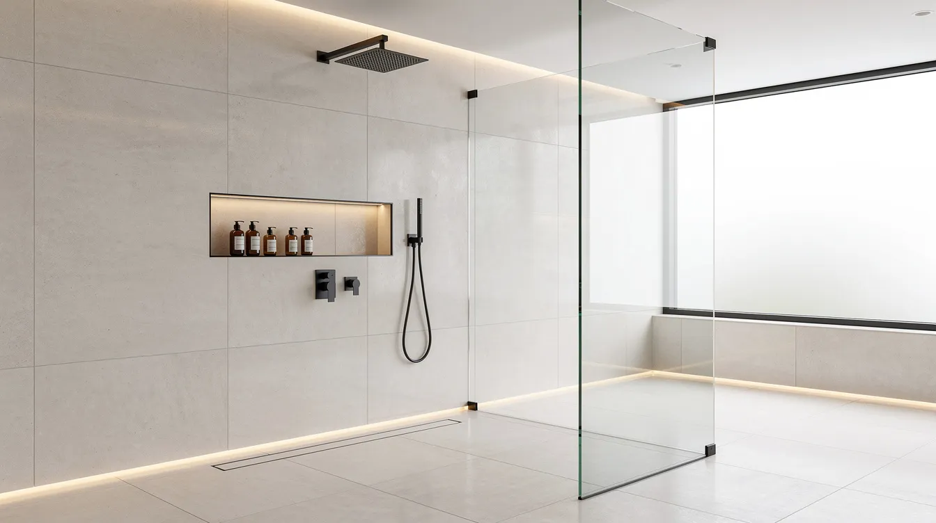 Moderne begehbare Dusche mit Glaswand und Regenduschkopf in einem hellen, hochwertig sanierten Badezimmer