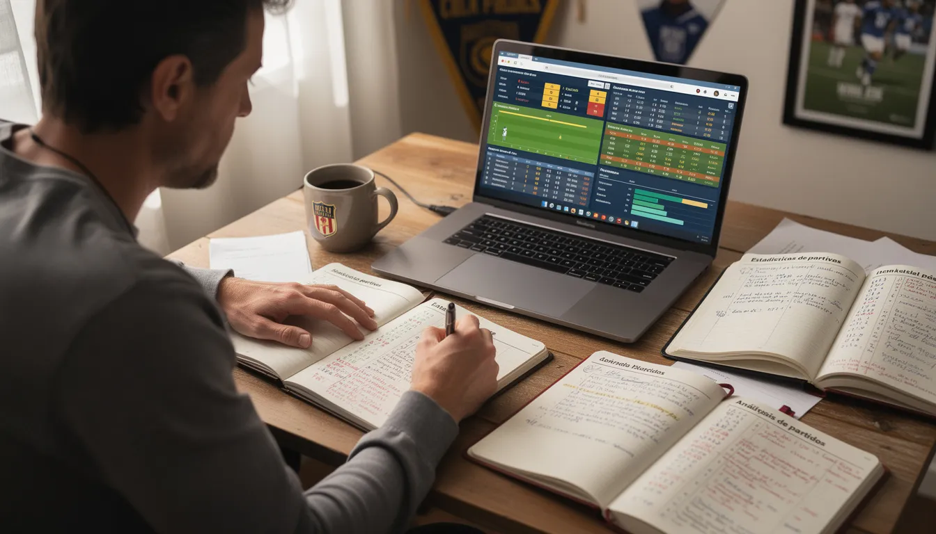 Una persona adulta está estudiando estadísticas deportivas en una computadora portátil, rodeada de cuadernos de notas. En la imagen se puede apreciar un enfoque en las apuestas deportivas y las casas de apuestas extranjeras, reflejando el interés en analizar mercados y cuotas para realizar apuestas informadas.