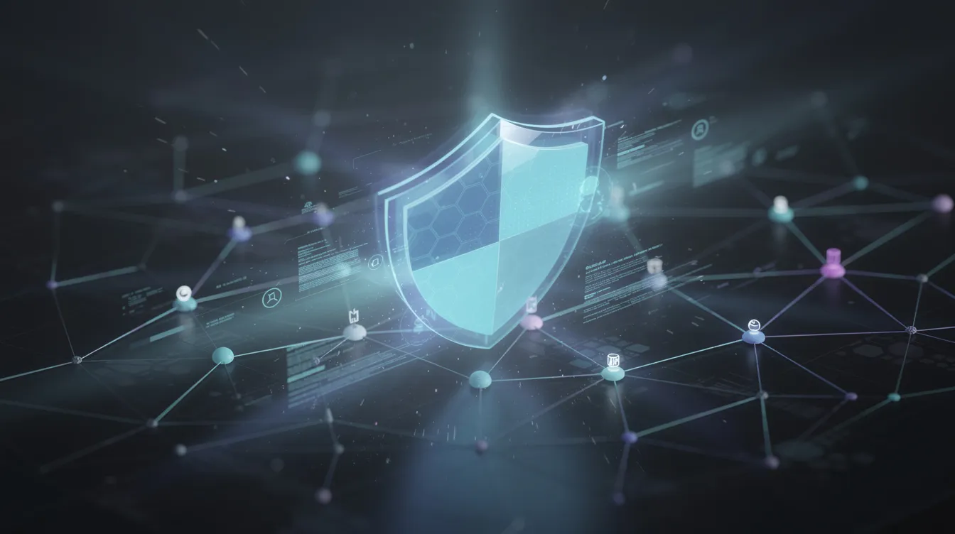 The image depicts an abstract digital shield symbolizing a strong cybersecurity strategy, safeguarding interconnected network nodes from potential cyber threats and attacks. This visualization emphasizes the importance of proactive threat detection and robust security measures in protecting critical systems and sensitive data.