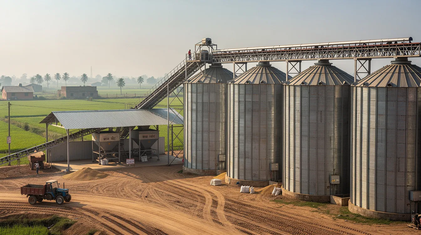 The image depicts large grain storage silos alongside conveyor systems at an agricultural processing facility in India, highlighting the infrastructure essential for ethanol production. This facility plays a crucial role in the supply chain for feedstock, showcasing the importance of agricultural processing in the context of environmental sustainability and energy alternatives to fossil fuels.