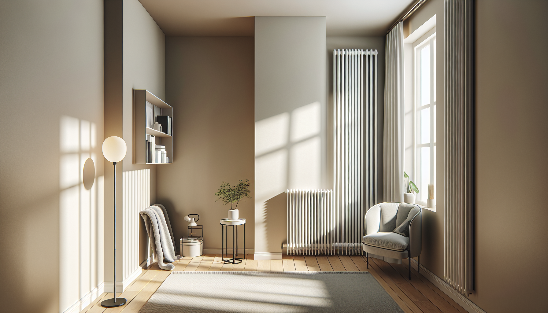 Vertical radiators maximizing wall space in a small room.