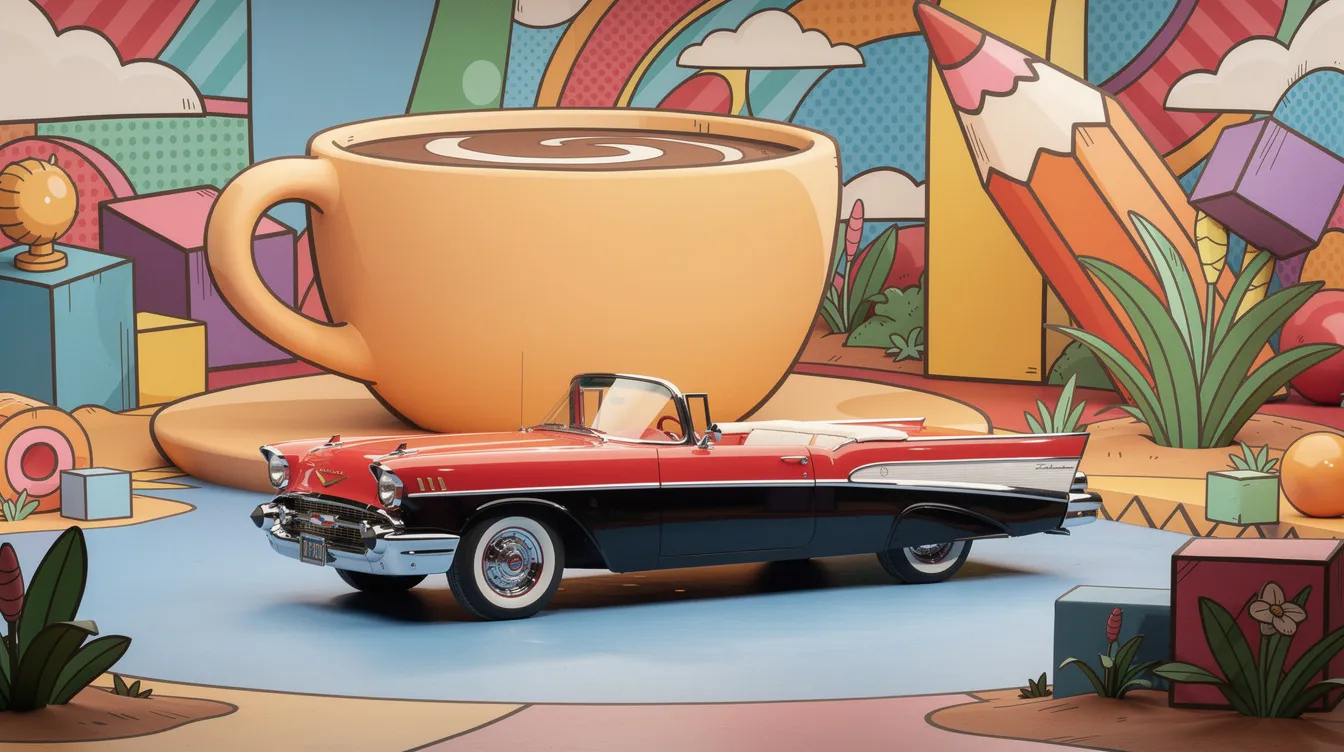 Ein buntes, rot-schwarzes Cabriolet mit Heckflosse fährt durch eine lebendige, comichafte Studiokulisse, die mit überdimensionalen Requisiten geschmückt ist. Die Szene erinnert an die Abenteuer von Batman und seinen Verbündeten in Gotham City.