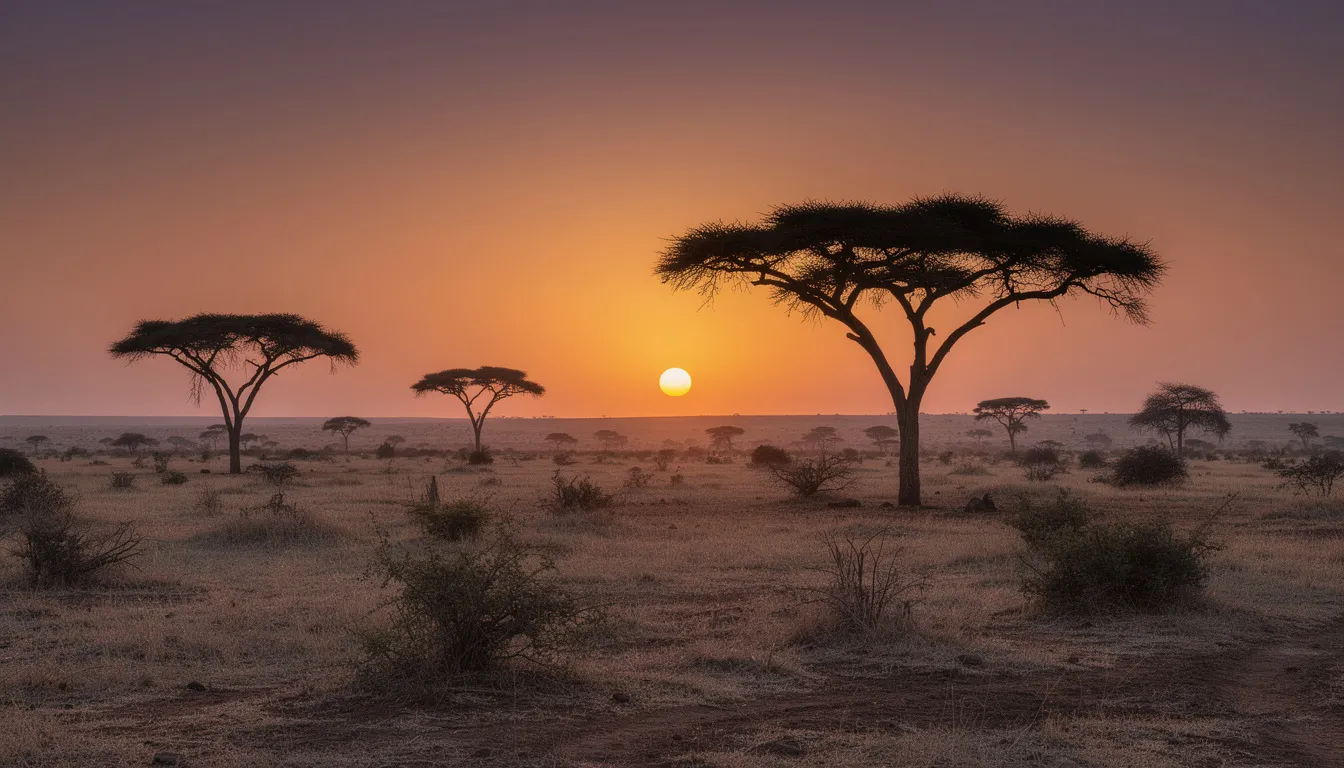 En afrikansk savannalandskap vid solnedgången, där silhuetter av akaciaträd framträder mot den färgsprakande himlen. Landskapet ger en känsla av frihet och skönhet i naturen, perfekt för att njuta av stunden.
