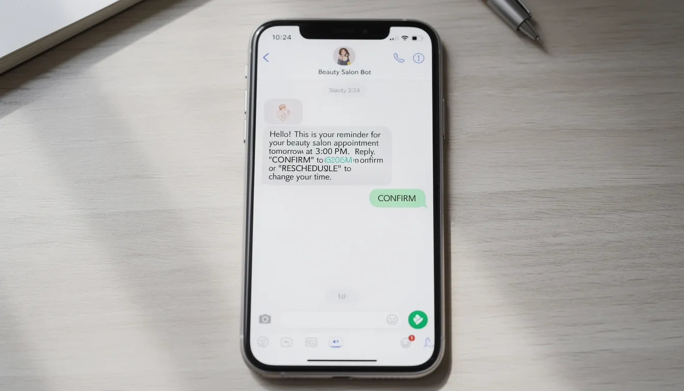 Un teléfono móvil muestra una conversación de WhatsApp con un chatbot de un salón de belleza, recordando al cliente su cita. La interfaz resalta la automatización y personalización en la atención al cliente, características clave de los centros de estética modernos.