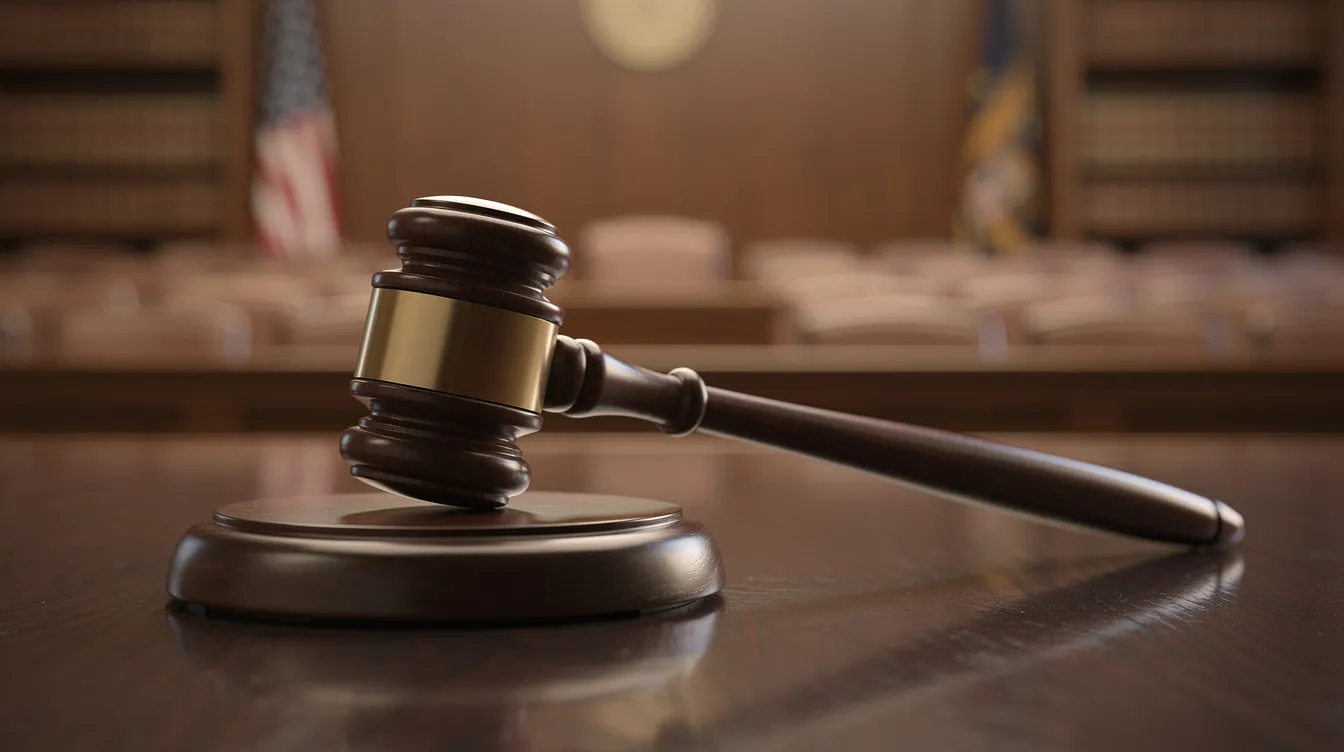 The image shows a wooden gavel resting on a polished desk in a courtroom, symbolizing authority and the legal process, which may involve discussions about gun laws and regulations, such as the Oregon concealed handgun license. The setting conveys a serious atmosphere typical of legal proceedings.