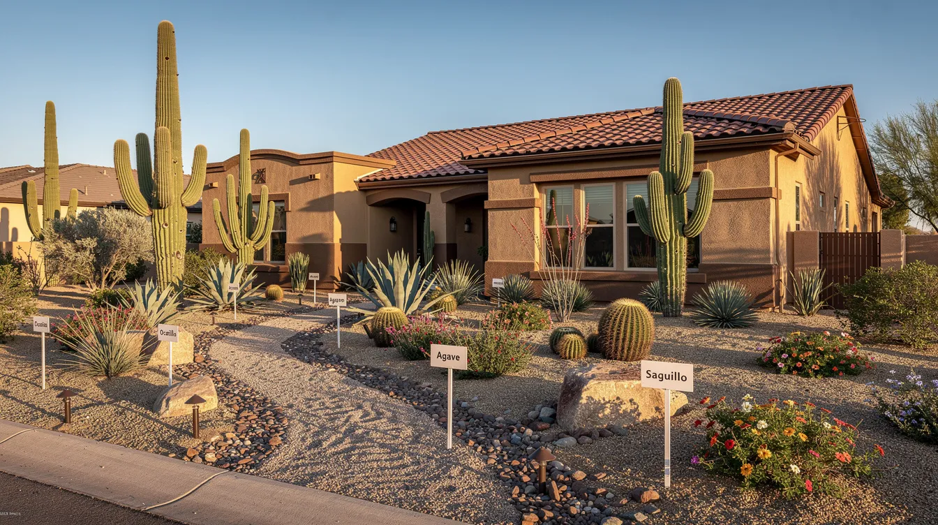 The image depicts the exterior of a home in Arizona, featuring mature desert landscaping with various plants and yard markers. The well-maintained yard suggests a focus on regular inspections and maintenance, which can be crucial for avoiding sewer line issues and ensuring proper drainage.