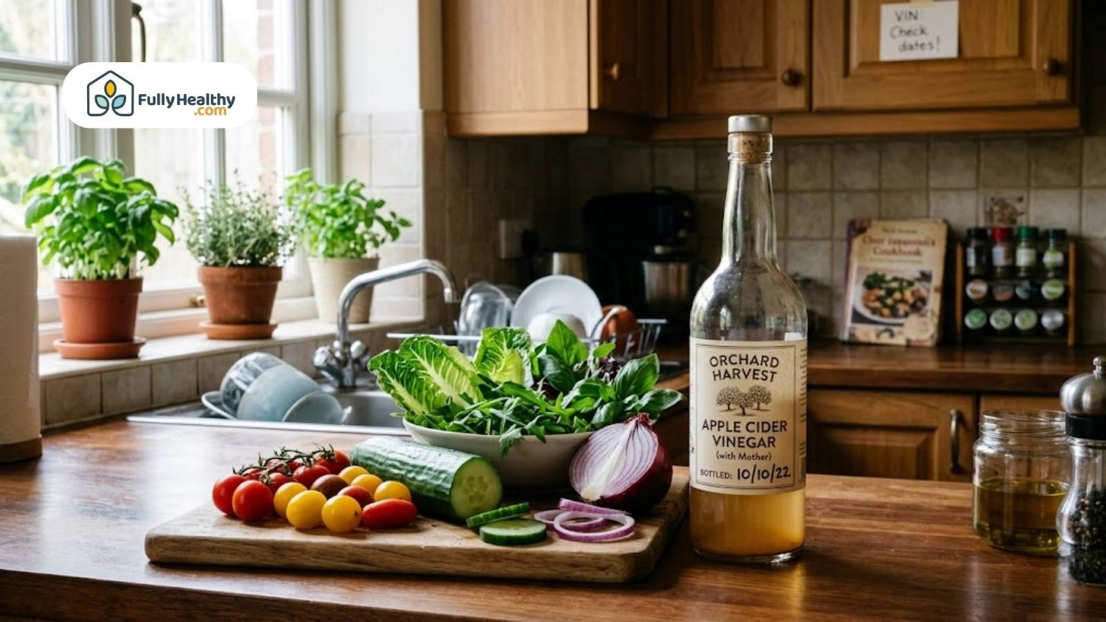 Fresh vegetables and apple cider vinegar bottle arranged on kitchen counter