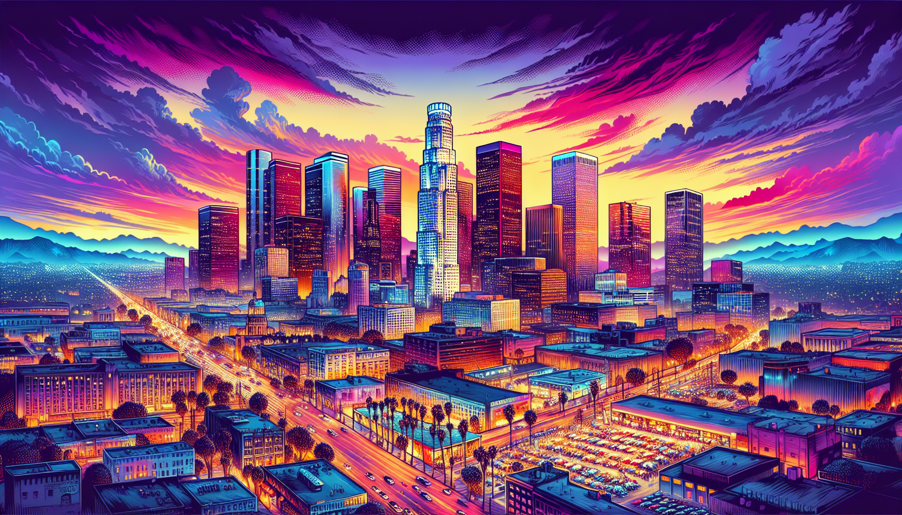 Illustration of a city skyline representing Los Angeles business