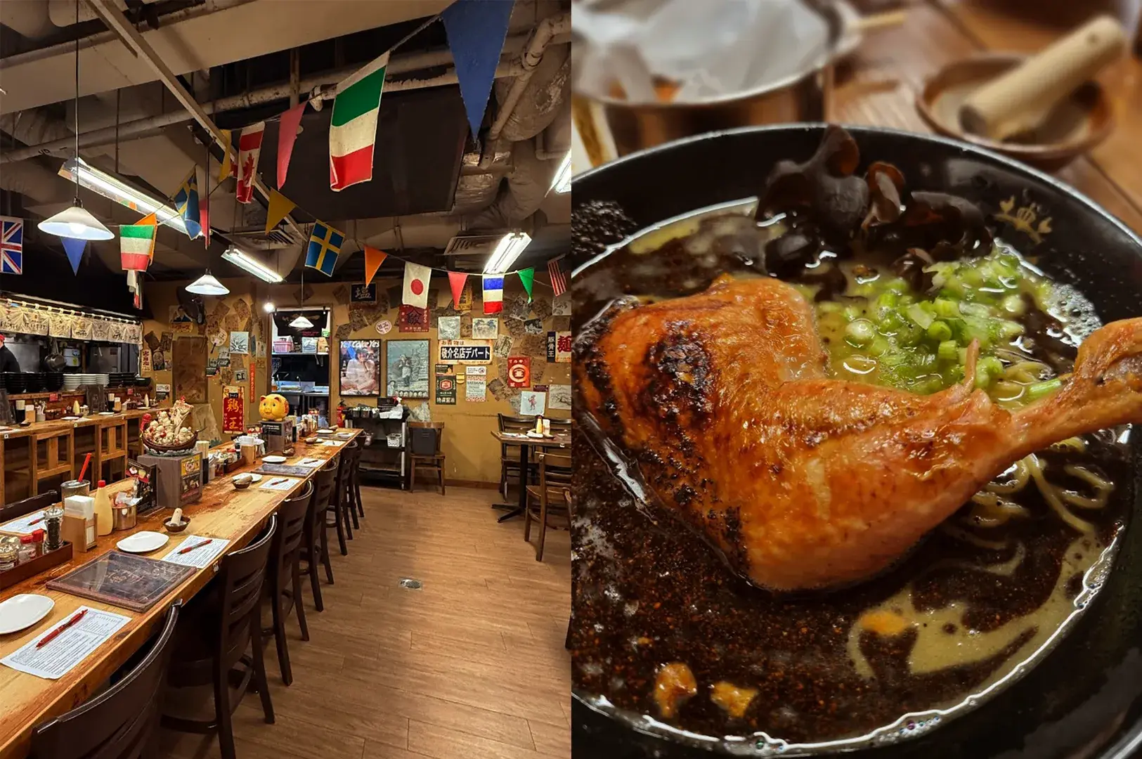 A split-view image featuring the cozy, flag-decorated interior of Ramen Keisuke Tori King in Tanjong Pagar on the left, and a close-up of their signature rich, dark chicken ramen broth with a whole roasted chicken leg on the right.