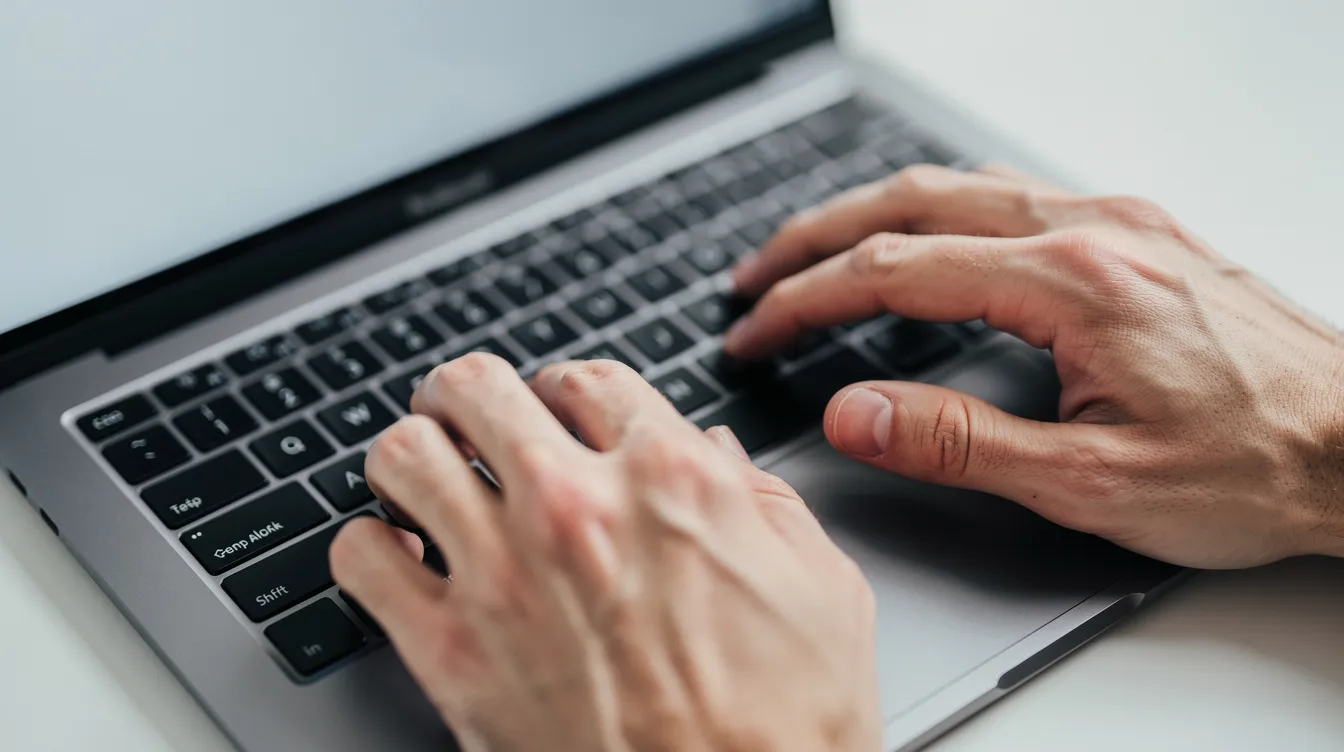 Auf dem Bild sind Hände zu sehen, die eine Tastenkombination auf einer Laptop-Tastatur ausführen, während im Hintergrund der Bildschirm unscharf bleibt. Die Hände drücken möglicherweise die "Alt"-Taste und die "L"-Taste, um ein Sonderzeichen wie das "at Zeichen" zu erstellen.