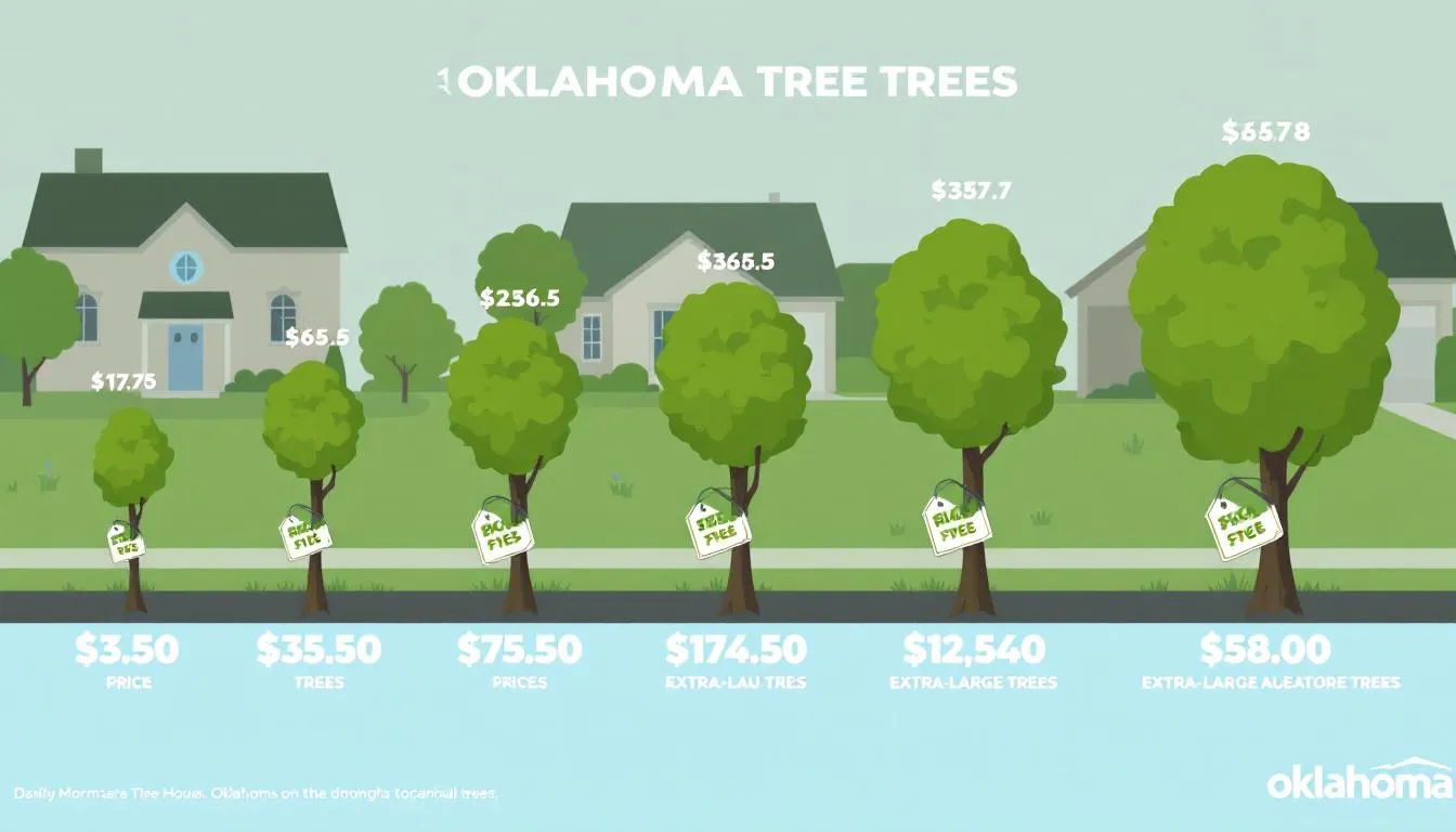 An infographic displaying trees of various sizes, from small to extra large, each with price tags indicating tree removal costs, set against a backdrop of typical Oklahoma homes and lawns. This image illustrates the range of tree removal services available, highlighting the costs associated with different tree heights and types.