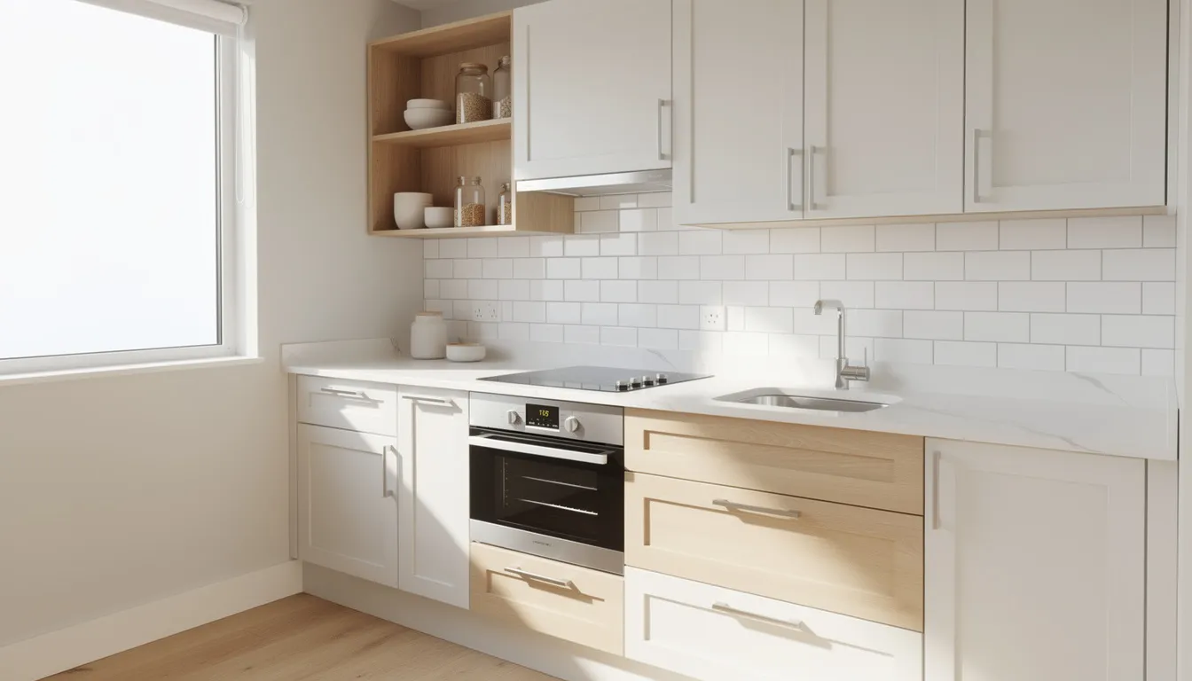 The image depicts a compact kitchen featuring warm white cabinets and pale wood accents, with a glossy white subway tile backsplash that reaches the ceiling, creating an inviting and functional space. Natural light floods the area, enhancing the overall aesthetic and making it a beautiful space for cooking and gathering in small kitchen design.