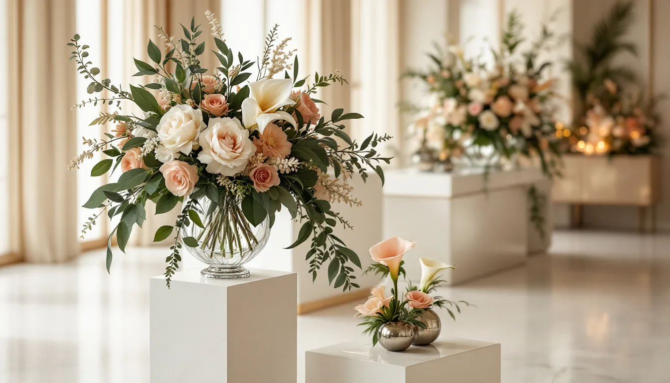 Unique floral arrangements at a wedding venue.