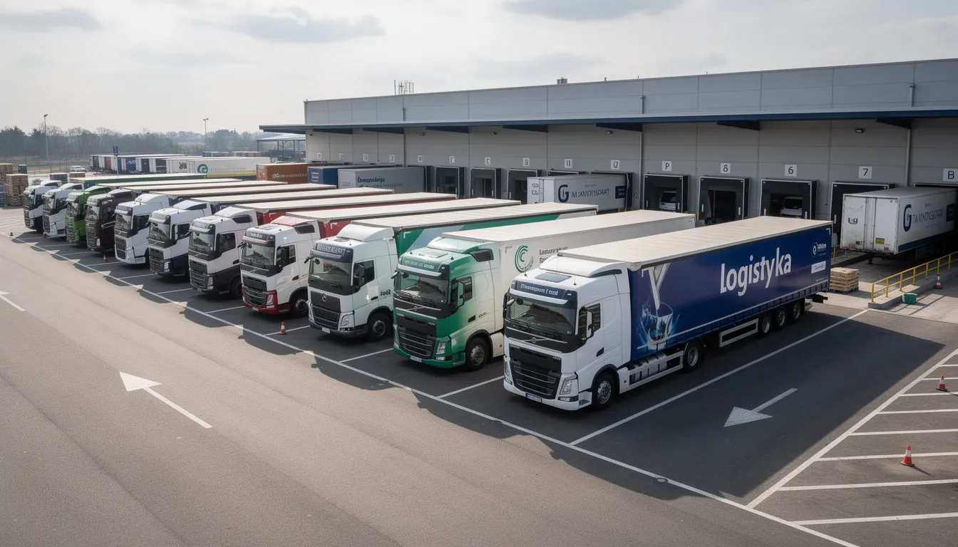 Na parkingu logistycznym stoją ciężarówki, które przygotowują się do transportu towarów. W tle widać kontenery i magazyny, co sugeruje intensywną działalność gospodarczą, a także możliwość skorzystania z usług faktoringowych dla poprawy płynności finansowej.