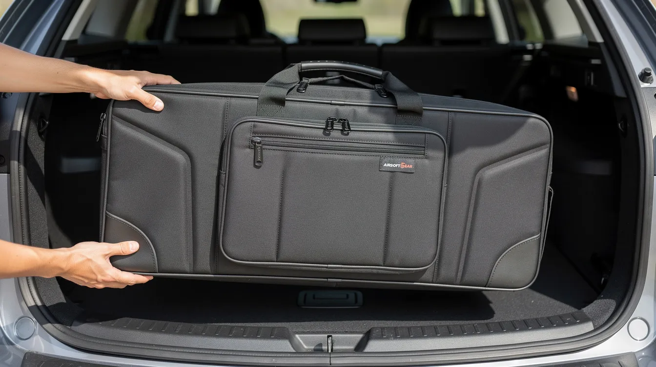 The image shows a padded airsoft gun carry case being placed in the boot of a car, emphasizing the importance of safely transporting imitation firearms in compliance with firearms laws. This act of securing air weapons aligns with the principles of the violent crime reduction act, promoting responsible handling and storage.