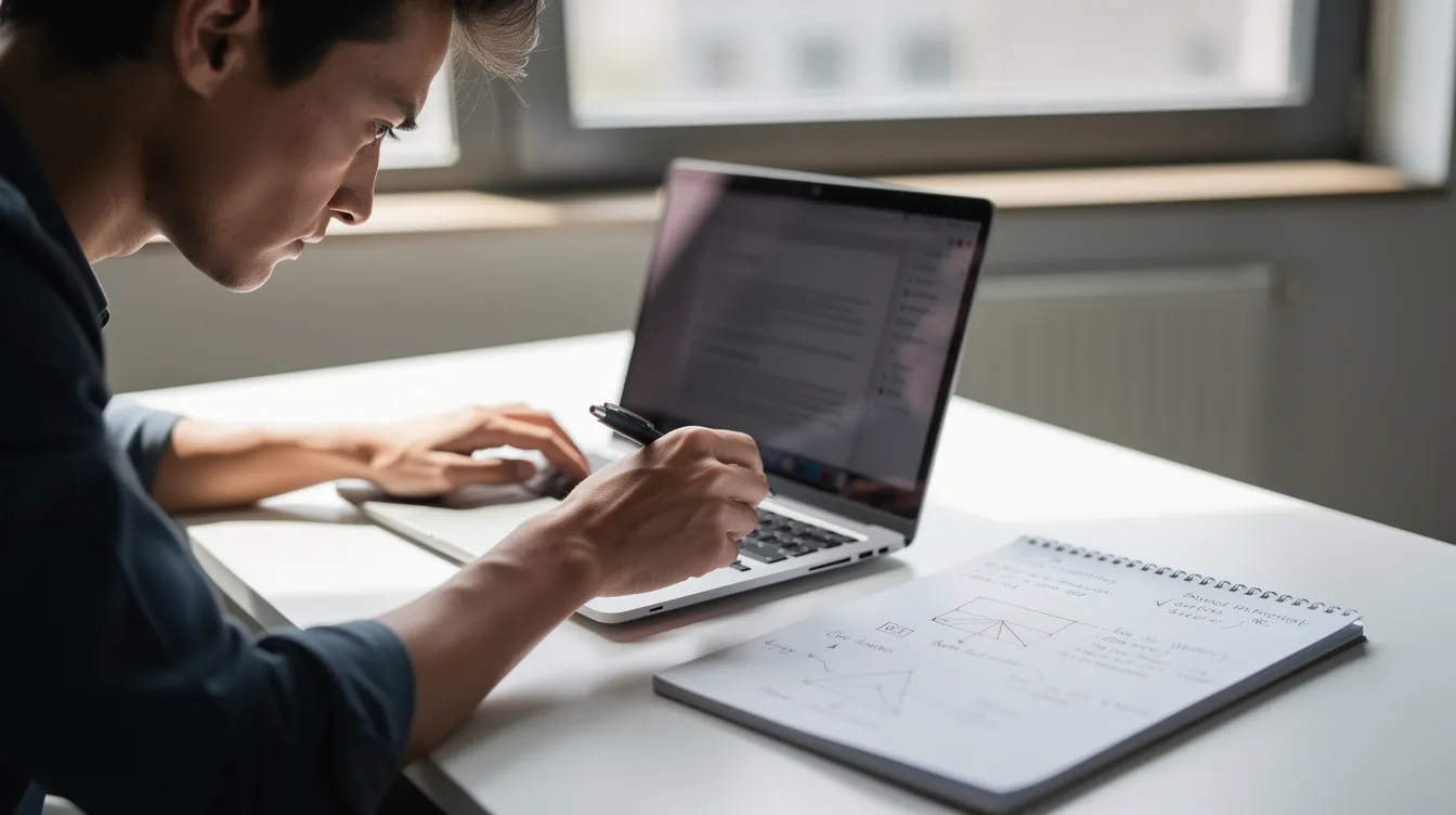 A person is sitting at a desk, intently examining their laptop screen while taking notes on a notepad beside them. The scene suggests a focus on online gambling, possibly researching non gamstop casinos or exploring various casino games and promotions.