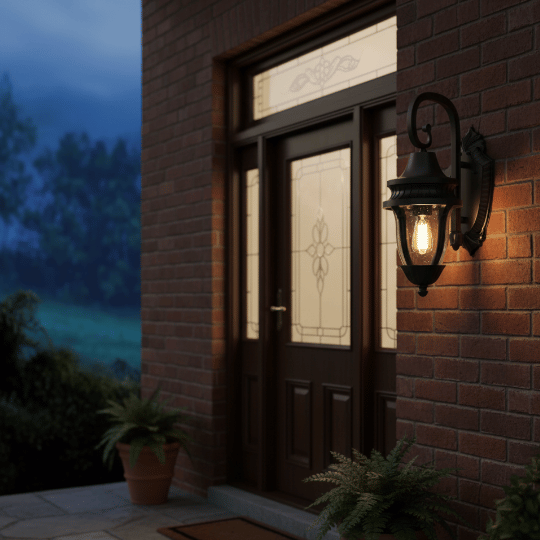 Vintage gooseneck outdoor wall lantern with black metal shade and warm Edison bulb glow by a front entry.