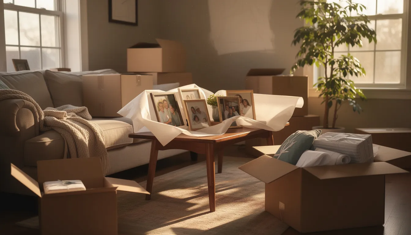 The image depicts a sunlit living room filled with moving boxes and family photos being carefully packed, symbolizing a transition to a smaller home. This scene reflects the lifestyle of families in Connecticut who are seeking a maintenance-free lifestyle as they downsize and prepare for their future.