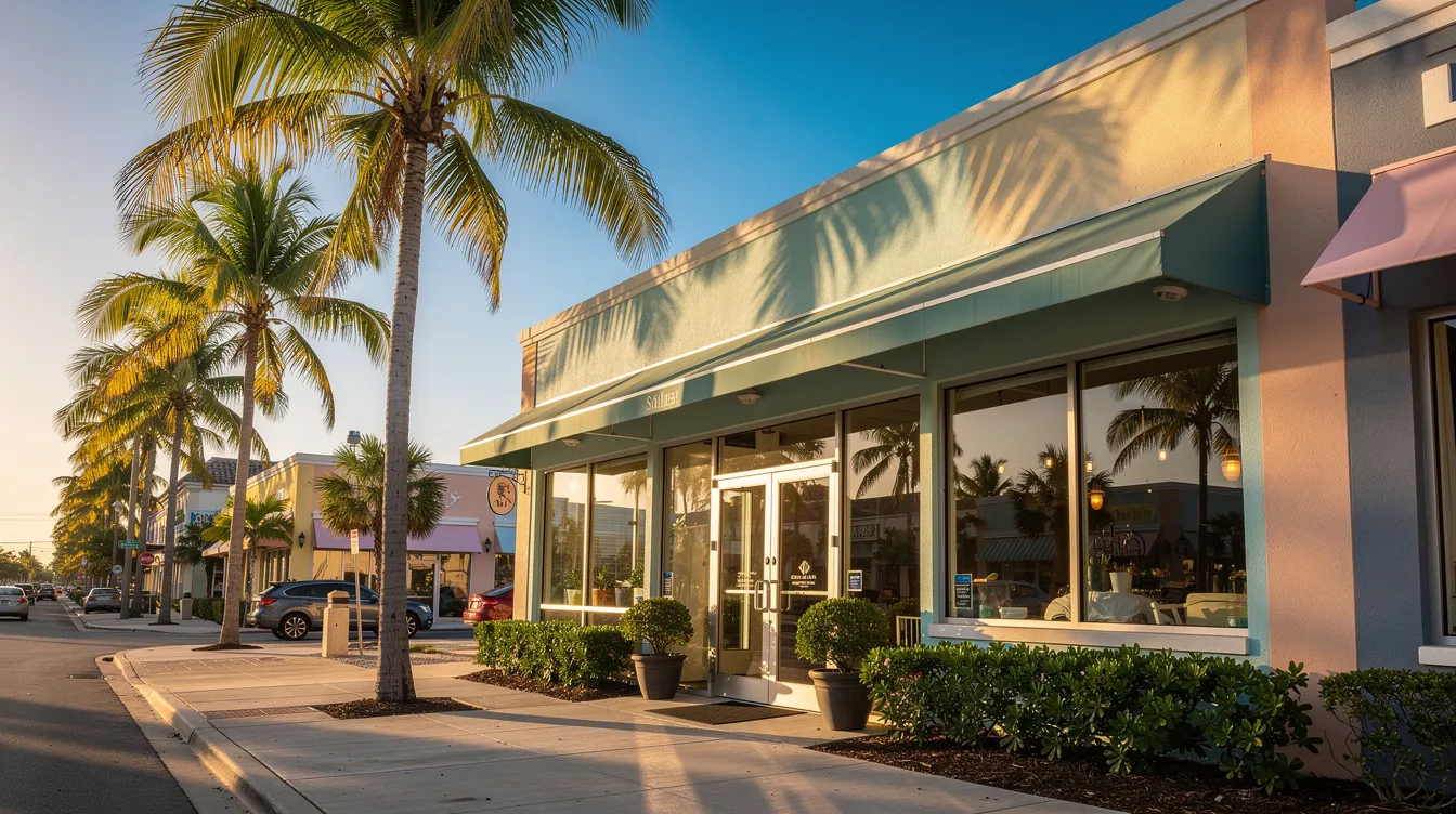 The image depicts a charming small business storefront located on a sunny Florida street, surrounded by lush palm trees and under a clear blue sky. This inviting scene highlights the importance of local SEO efforts for small businesses aiming to attract potential customers and enhance their digital marketing strategy.