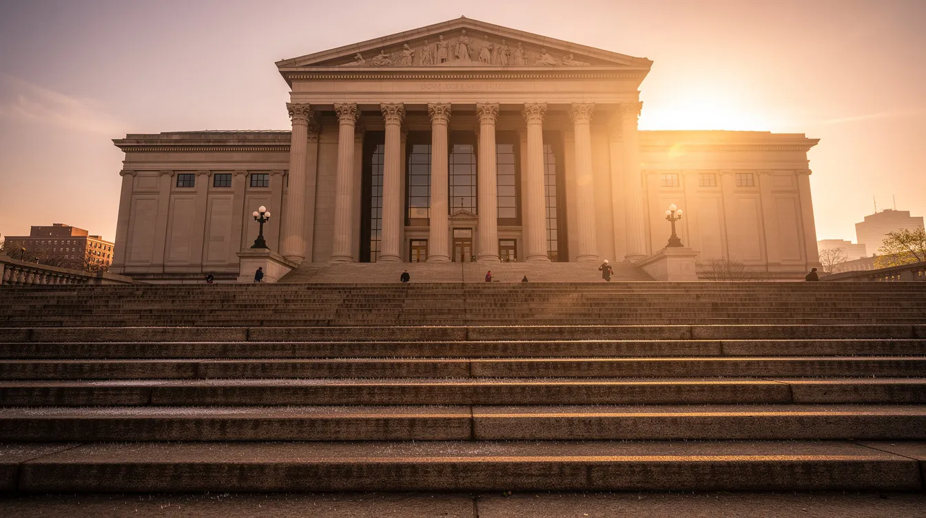Die breite Steintreppe führt vor einem beeindruckenden klassizistischen Museumsgebäude in Philadelphia, das im warmen Licht des Sonnenaufgangs erstrahlt. Diese Szene erinnert an die legendären Momente der Rocky-Saga, in denen der Boxer Rocky Balboa seine Karriere und seinen Ehrgeiz verkörpert.