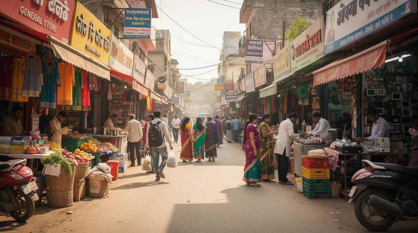 24a85acd 4fd3 4b81 9a63 892a803ff614 The image depicts a vibrant Indian retail market street filled with colorful shops and a diverse crowd of customers navigating between the stores, showcasing a lively atmosphere ideal for small businesses. This bustling scene highlights the potential for profitable retail business ideas, attracting foot traffic and creating opportunities for local entrepreneurs.