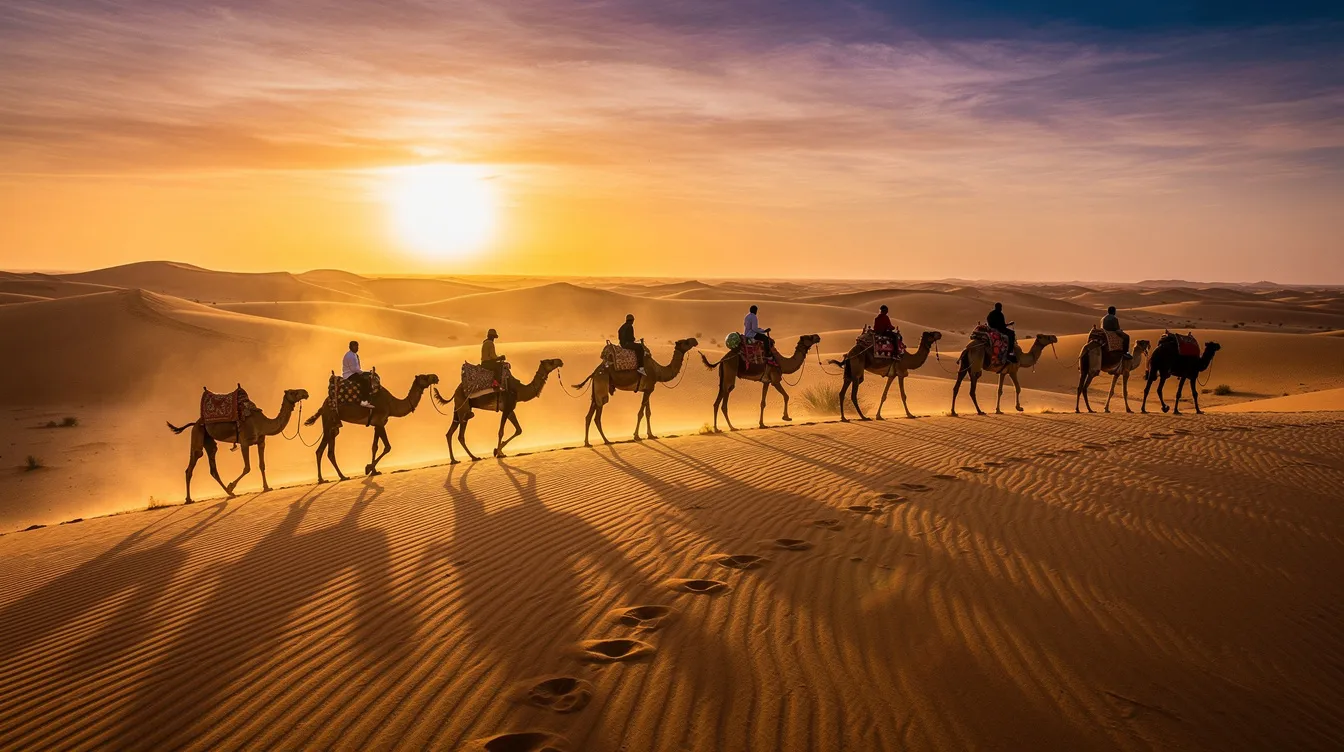 A camel caravan crosses golden sand dunes in the Sahara desert at sunset, creating a stunning silhouette against the vibrant sky. This picturesque scene captures the essence of Morocco's desert regions, making it an ideal moment for a memorable visit.