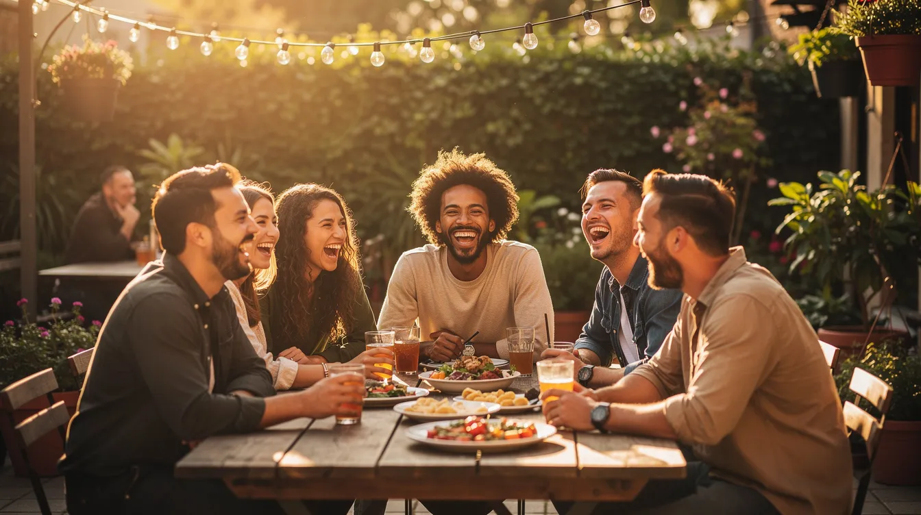 A group of friends is joyfully laughing together at an outdoor patio gathering during golden hour, surrounded by warm light and a relaxed atmosphere. Some of them are enjoying mushroom gummies as part of their fun, highlighting the growing popularity of mushroom edibles among social gatherings.